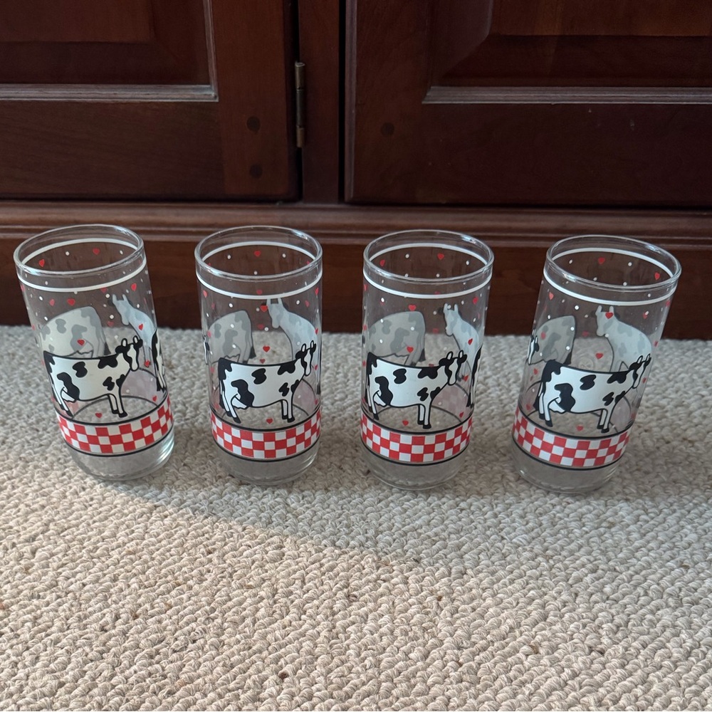 Vintage Libbey Cow Glasses - Set of 4, Red and White Gingham